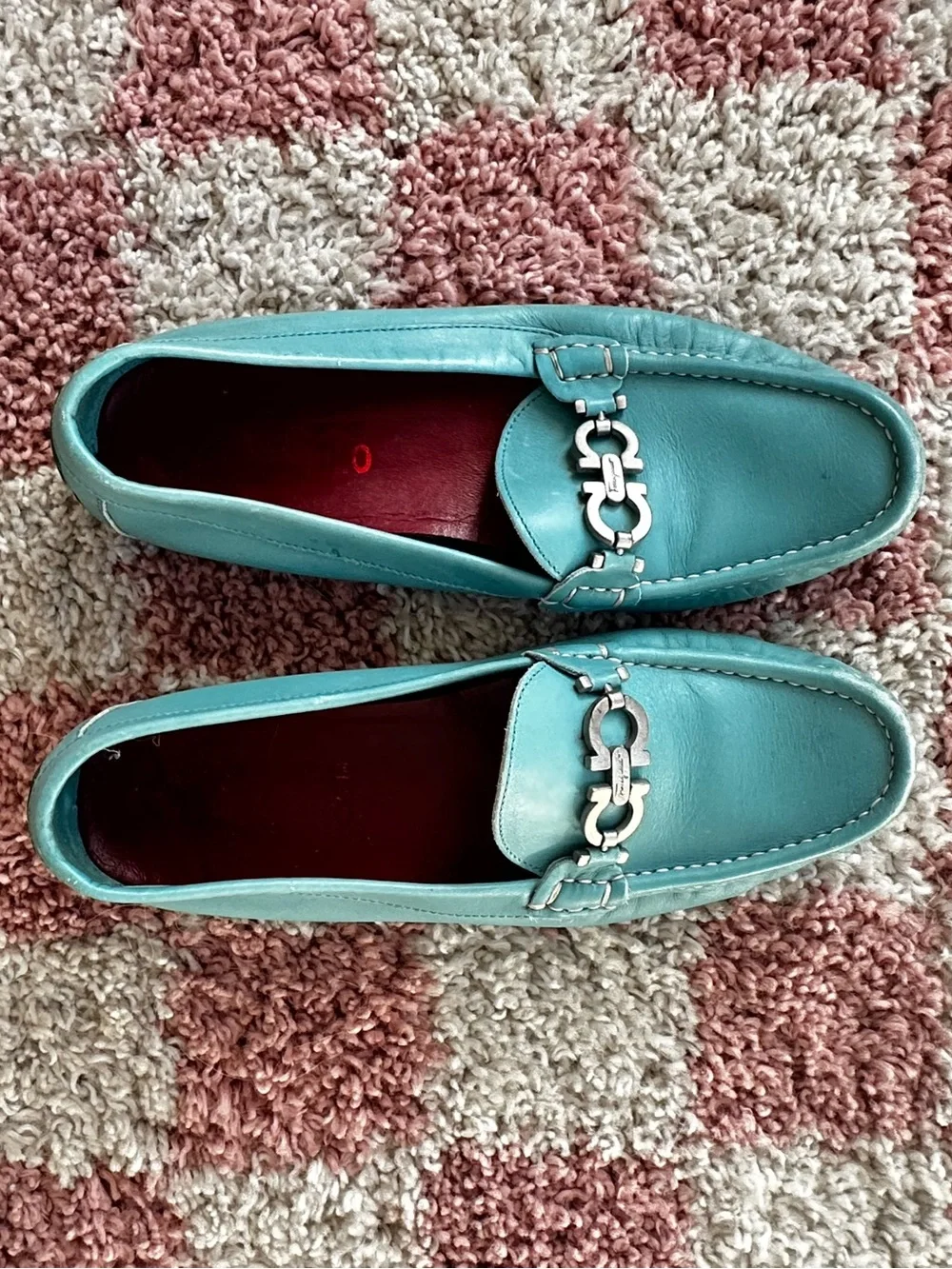 Vintage 2004 Ferragamo Turquoise Women’s Leather Loafers with Silver Bit Detail